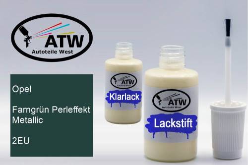 Opel, Farngrün Perleffekt Metallic, 2EU: 20ml Lackstift + 20ml Klarlack - Set, von ATW Autoteile West.